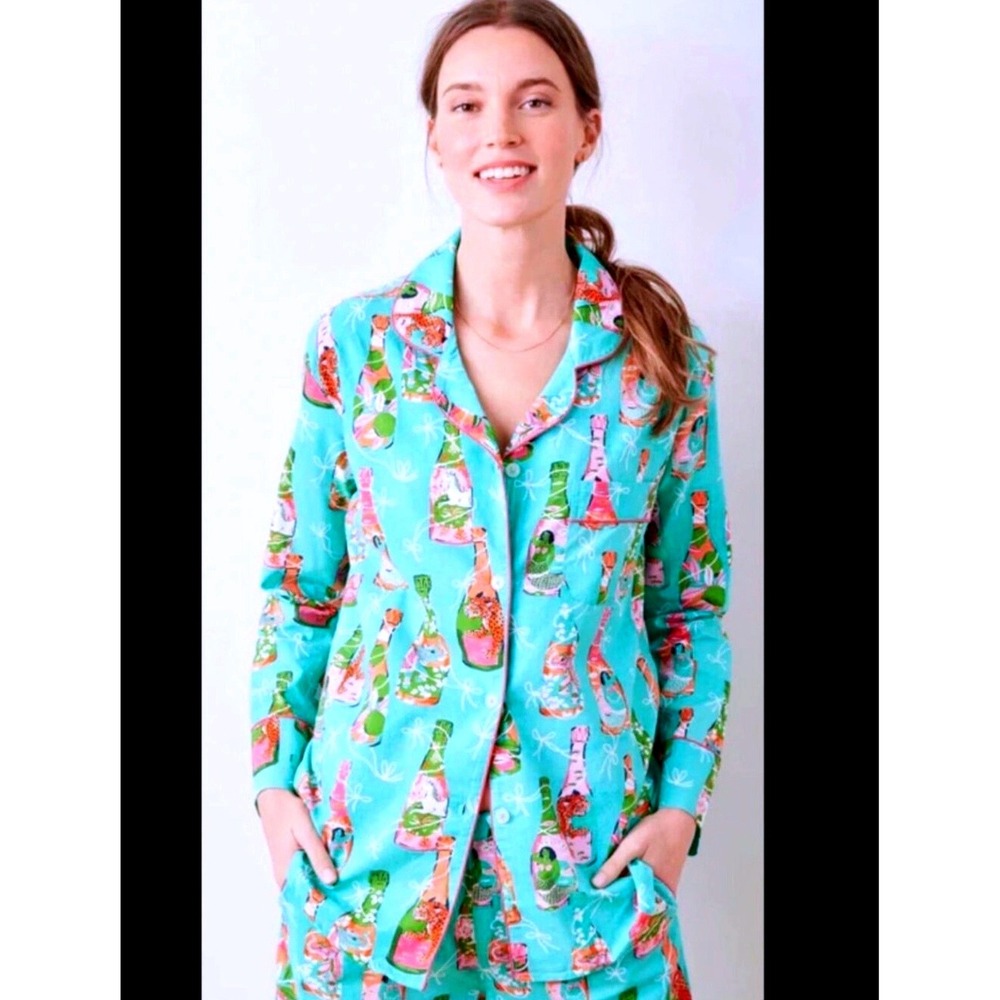 Printfresh Pop the Bubbly Long Sleep Set Top Turquoise Organic Cotton Size 1X PJ